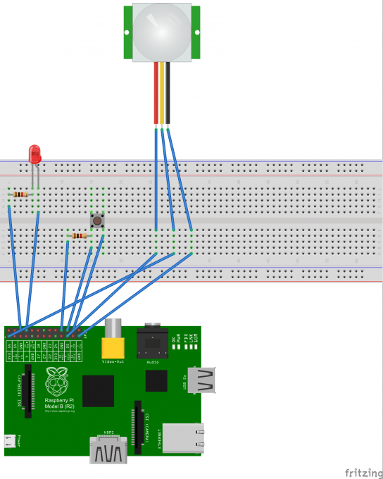 PIRセンサーとタクトスイッチ、LEDの配線